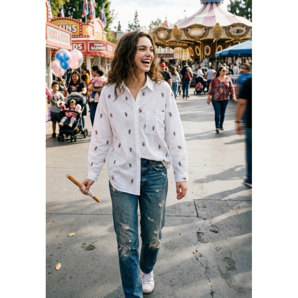 DISNEY Mickey Mouse Buttondown Shirt Top Cotton Collared Button Down Small